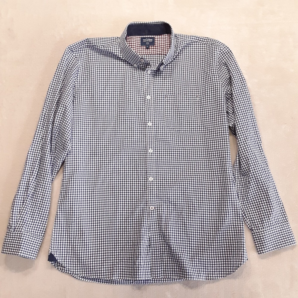 T.M. Lewin Mens Gingham Long Sleeve Button Shirt XL Navy Blue Cotton